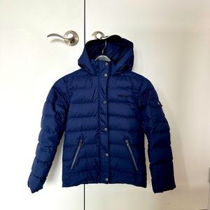 Marmot - Girls down-filled navy coat with removable faux-fur.